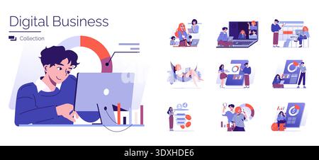 Digital business vector illustration set showing various activities like online meetings, data analysis, and remote work. Ideal for modern business and technology concepts. Stock Vector
