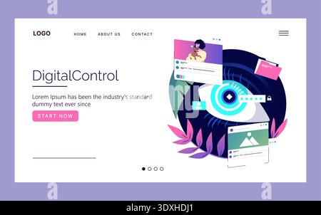 Digital control page vector illustration featuring a large eye graphic surrounded by various digital elements and user profiles. Ideal for technology and cybersecurity themes. Stock Vector