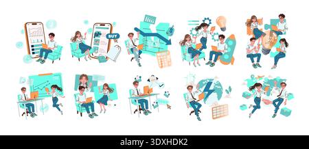 Vector illustration of young professionals using technology for online commerce and data analysis. Depicts collaboration, innovation, and interaction with various digital tools. Stock Vector