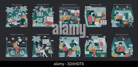 Vector illustration set depicting the modern work and travel lifestyle. Includes scenes like working on the beach, productivity during flights, and co-working spaces in diverse settings. Stock Vector