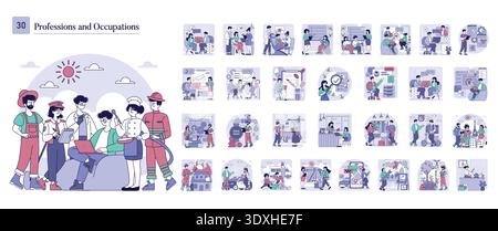 Vector illustration depicting various professionals and occupations. Features individuals in roles like chef, doctor, firefighter, and more, showcasing teamwork and diversity in careers. Stock Vector