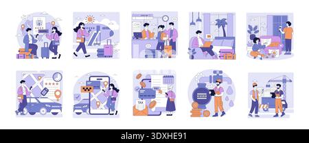 Colorful vector illustration set depicting diverse scenarios like travel planning, airport check-in, home relaxation, and construction work. People engage in various activities reflecting modern life. Stock Vector