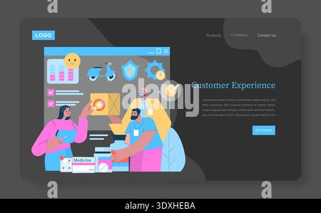 Vector illustration depicting a collaborative team discussing customer experience and product delivery. Features include delivery icons, product packages, and teamwork elements. Stock Vector