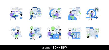 Vector illustration set showing diverse people collaborating with AI in various technology development scenarios. Emphasizes teamwork, innovation, and digital transformation in a modern context. Stock Vector