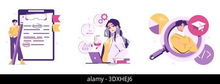 Vector illustration depicting education and science themes. Three people engage in learning activities: writing notes, experimenting with science tools, and exploring academic achievements. Stock Vector