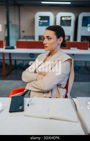 Professional woman seated at office desk with notebook and smartphone in a modern workspace Stock Photo