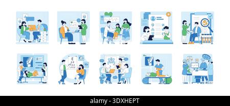 Vector illustration set depicting various healthcare scenes including medical consultations, patient exams, and doctor interactions. Illustrations showcase diverse medical activities and settings. Stock Vector
