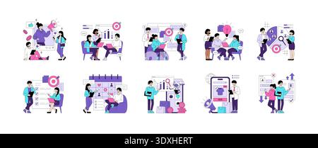 Vector illustration set of digital marketing and content creation scenes, including social media engagement, teamwork analysis, creative planning, and strategic online promotion. Stock Vector