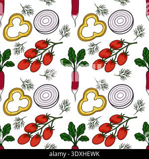 Vibrant vector pattern of fresh vegetables, including radishes, cherry tomatoes on the vine, sliced red onions, and yellow bell pepper rings, with dil Stock Vector
