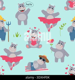 Funny hippo seamless pattern. Happy hippos dancing, farming, in love. Stylish children print for textile, fabric, wallpaper, wrapping, classy vector Stock Vector