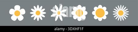 Flower chamomile vector icon. Cartoon camomile white retro spring floral icon design set Stock Vector