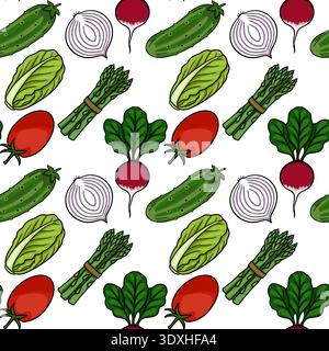 Seamless vector pattern of fresh, vibrant vegetables, including cucumbers, radishes, onions, tomatoes, asparagus, and lettuce, on a white background. Stock Vector