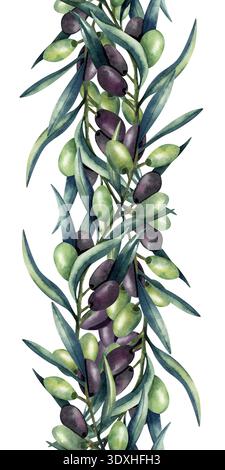 Seamless border with olives and green foliage. Watercolor hand drawn ...