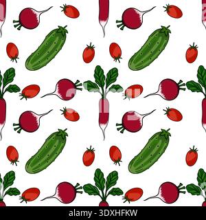 Seamless vector pattern of fresh radishes, cucumbers, and tomatoes with green leaves on white background. Stock Vector