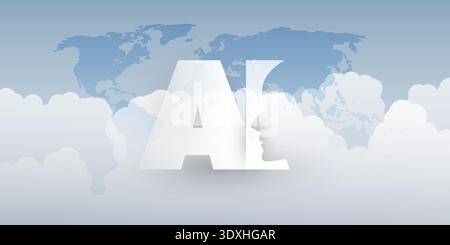 Grey and White Machine Learning, Artificial Intelligence, Cloud Computing and Global Networks Concept with World Map, Globe, Robot Face Profile, Cloud Stock Vector