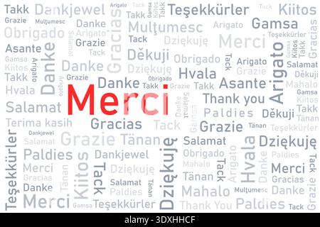 Merci word meaning thank you in French language. Thank you in many languages. Different international language thank you word collage. Stock Vector