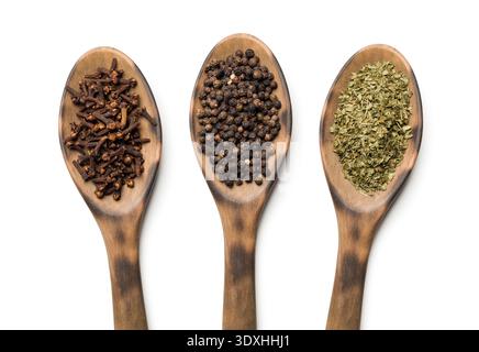 Variety of spices on wooden spoons on white background. Stock Photo