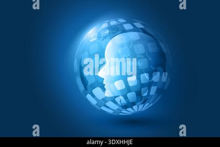 Abstract Dark Blue Agentic AI, Digital Assistant, Artificial Intelligence, Modern Global Artificial Technology Concept - Human Head Silhouette Inside Stock Vector