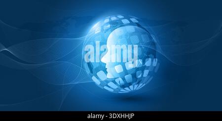 Abstract Dark Blue Agentic AI, Digital Assistant, Artificial Intelligence, Modern Global Artificial Technology Concept - Human Head Silhouette Inside Stock Vector
