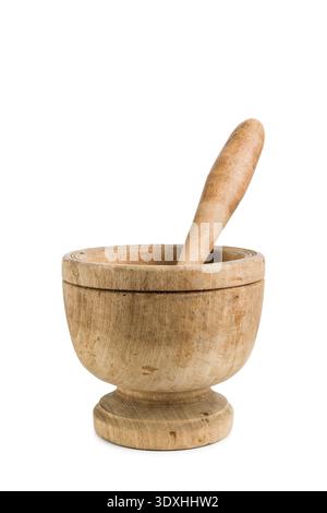 Wooden mortar and pestle isolated on white background. Stock Photo