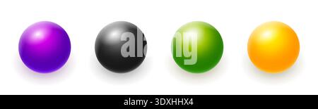 Glossy colorful spheres collection purple black green orange gradient balls isolated white background minimal abstract design concept Stock Vector