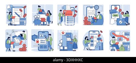 Vector illustration set showing people managing finances with technology, including online money transfers, mobile banking, cryptocurrency, financial security, and investment trends. Stock Vector