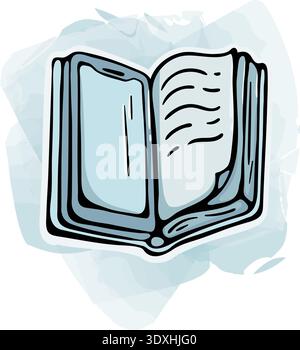 Digital reading with e-book mode: phone icon as open book, hand drawn doodle with watercolor spot Stock Vector