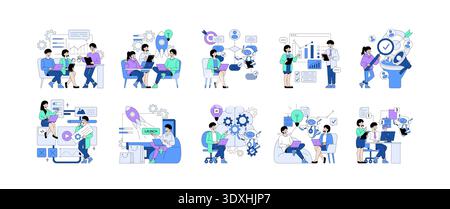 Vector illustration showing groups in a tech-focused environment using various digital tools. Depicts teamwork, project launches, data analysis, and artificial intelligence integration. Stock Vector