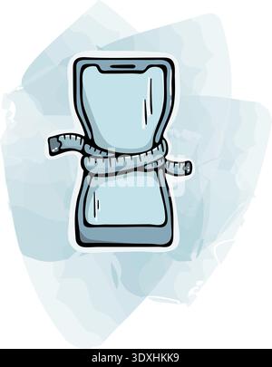 Screen time control and digital diet: phone icon with measuring tape, doodle with watercolor spot Stock Vector