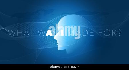 Minimlaist Blue and Purple Machine Learning, Artificial Intelligence Design, AI Acronym on Robot Face. "What Was I Made For" - Food for Thought Concep Stock Vector