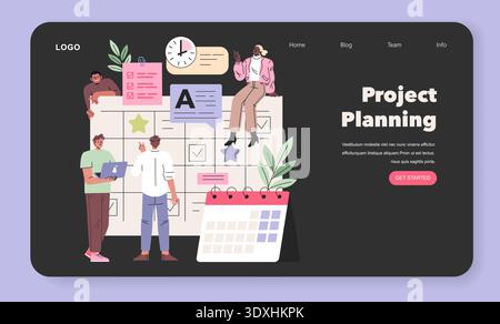 Team members collaborate on a project plan, discussing and organizing tasks on a board. Vector illustration depicts teamwork, planning, and creative collaboration. Stock Vector