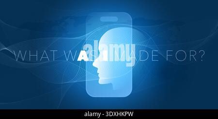 Minimlaist Blue and Purple Machine Learning, Artificial Intelligence Design, AI Acronym on Robot Face. "What Was I Made For" - Food for Thought Concep Stock Vector