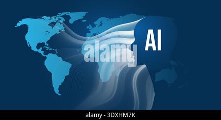 Dark Blue AI Agent, Digital Assistant, Artificial Intelligence, Modern Technology Concept with Humanoid Profile Silhouette, Global Information Flow - Stock Vector