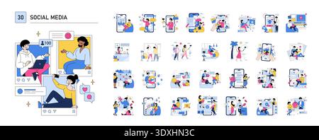 Vector illustration showcasing diverse social media interactions. Includes people using devices, sharing content, and engaging with digital platforms, highlighting connectivity and community. Stock Vector