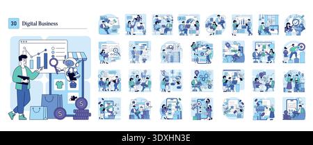 Digital business vector illustration showing teamwork between a human and a robot interacting with data. This set includes various scenes depicting digital marketing, e-commerce, and teamwork. Stock Vector