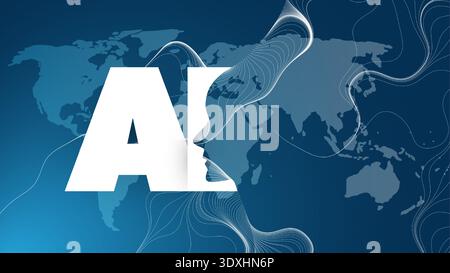 Dark Blue AI Agent, Digital Assistant, Artificial Intelligence, Modern Technology Concept with Humanoid Profile Silhouette, Global Information Flow - Stock Vector