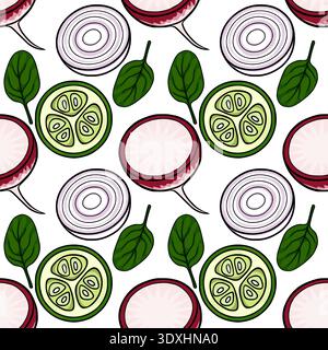 Seamless pattern vector illustration of fresh radish slices, onion rings, cucumber slices, and spinach leaves on a white background. Stock Vector