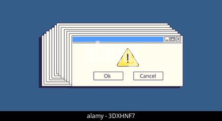 System window bug. Retro computer error message, reperat popup alert notification critical fail virus operating system defect code old pc desktop screen ui vector illustration original artwork Stock Vector