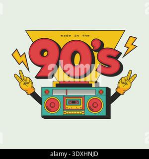 Retro 90s boombox character with peace hands vector illustration. Stock Vector