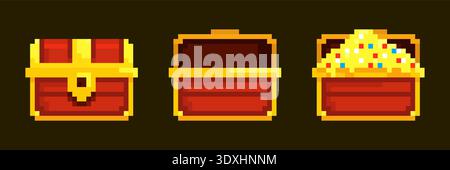 Pixel treasure chests. Wooden chest treasures open box, pixelart retro game icon mystery golden coin pirate gold money gem 8 bit video arcade ui travel kicky vector illustration original artwork Stock Vector