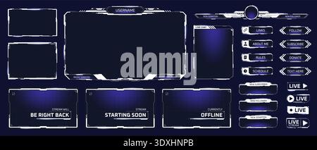 Game streaming frames. Stream twitch live screen, broadcast overlay video white panels gamer player streamer user interface hud menu cyber digital futuristic vector illustration original artwork Stock Vector