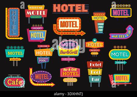 Motel signboards. Vintage road billboards, retro classic american street signage hotel gas station cafe 1950s travel trip pointers sign city advertising, kicky vector illustration original artwork Stock Vector