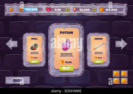 Game store ui. Fantasy rpg shop stone interface, rock menu buttons frame magic wizard goods potion sword spell book medieval 2d mobile gaming cartoon background vector illustration original artwork Stock Vector