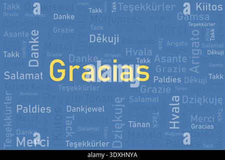 Gracias word meaning thank you in Spanish language. Thank you in multiple languages. Different international language thank you word collage. Stock Vector