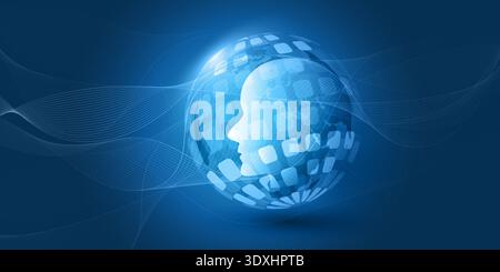 Abstract Dark Blue Agentic AI, Digital Assistant, Artificial Intelligence, Modern Global Artificial Technology Concept - Human Head Silhouette Inside Stock Vector
