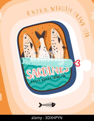 Cartoon sticker of sardines can. Colorful canned fish. Seafood vector illustration original artwork Stock Vector