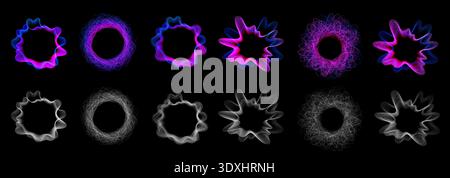 Set of multicolored neon sound wave vibrations. Sound lines, radial spectrum. Colorful template for music poster and banner. Vector radial spectrum. Stock Vector