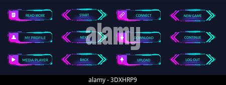 Hud buttons. Game menu button, futuristic tech ui interface screen panel menu bar digital border scifi technology hologram neon frame user select player cyber vector illustration original artwork Stock Vector