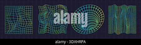 Warp wireframe. Wave mesh, distort lattice glitch grid retro geometry 3d perspective cyberpunk 80s y2k retrowave vapor synth green psychedelic abstract digital vector illustration original artwork Stock Vector