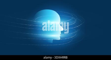 Futuristic Dark Blue Glowing Machine Learning, Artificial Intelligence, Cloud Computing and Neural Networks Concept with Robot Face Profile and Steams Stock Vector
